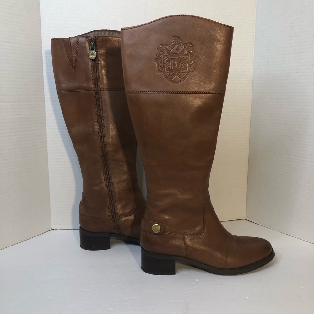 Etienne Aigner brown leather upper knee high echip rider boots logo stamp size 6